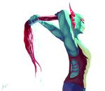  2017 anthro armpits blue_skin breasts clothing eyes_closed female fish gills hair hands_behind_head iscoppie marine raised_arm red_hair sharp_teeth side_view simple_background solo teeth undertale undyne video_games wet_hair white_background 