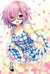  commentary_request dress fate/grand_order fate_(series) glasses hair_over_one_eye looking_at_viewer mash_kyrielight open_mouth outstretched_arm outstretched_hand plaid plaid_dress purple_eyes purple_hair short_hair smile solo yadapot 