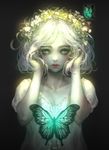  absurdres artist_name bug butterfly commentary_request dress glowing green_eyes head_wreath highres insect looking_at_viewer original pale_skin parted_lips shal.e short_hair silver_hair snowflakes solo symbol-shaped_pupils upper_body white_dress 