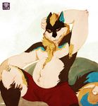 2017 anthro armpit_hair armpits belly black_nose blue_fur blue_tail body_hair boxers_(clothing) brown_eyes brown_fur brown_tail canine chest_hair claws clothed clothing digital_media_(artwork) eyebrows front_view fur hand_behind_head hand_on_knee hi_res looking_at_viewer male mammal multicolored_fur multicolored_tail red_bottomwear red_clothing red_underwear rivin simple_background sitting slightly_chubby solo tan_fur tan_tail topless underwear vetrowolf watermark white_background white_fur white_tail wolf 