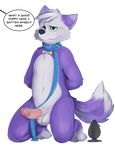  2017 anthro balls bdsm black_nose bondage bound buttplug canine collar digital_media_(artwork) dog domination duo erection fur green_eyes hair hi_res humanoid_penis kneeling leash male mammal nude penis petplay purple_(character) purple_fur roleplay sex_toy shok solo_focus speech_bubble submissive tag text white_fur 