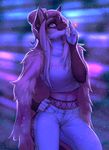  2017 5_fingers anthro blurred_background clothed clothing falvie feline female fur hair long_hair mammal navel pink_hair purple_eyes purple_fur smile smoking solo standing wide_hips 