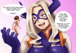  ! !? ... 2girls :d ?! afrobull ass bare_back blush bodysuit boku_no_hero_academia breasts brown_hair domino_mask drill_hair english fake_horns giantess highres large_breasts long_hair mount_lady multiple_girls navel nude open_mouth purple_eyes short_hair silver_hair speech_bubble spread_legs standing text uraraka_ochako 