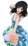  :d black_hair blue_dress bouquet breasts brown_eyes cleavage collarbone dress floating_hair flower from_side green_flower hand_in_hair himeragi_yukina holding holding_bouquet jewelry looking_at_viewer medium_breasts necklace open_mouth orange_flower pink_flower shiny shiny_skin sleeveless sleeveless_dress smile solo standing strapless strapless_dress strike_the_blood transparent_background 