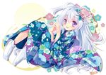 fan floral_print flower hair_flower hair_ornament hands_together japanese_clothes kimono long_hair looking_at_viewer md5_mismatch nonno official_art open_mouth purple_eyes signature socks solo tokinon white_hair white_legwear x-overd 