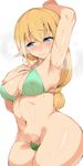  arm_up armpits arms_behind_head bikini_top blonde_hair blue_eyes blush bottomless breasts covered_nipples elf embarrassed eyebrows_visible_through_hair hand_on_own_chest large_breasts leaf_panties leaf_print long_hair looking_away navel original osuman_toruko panties pointy_ears print_panties solo sweat underwear 