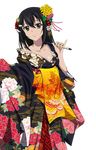  bangs black_hair breasts brown_eyes cleavage collarbone flower hair_between_eyes hair_flower hair_ornament himeragi_yukina holding japanese_clothes kimono long_hair looking_at_viewer pink_flower shiny shiny_skin small_breasts smile solo standing strike_the_blood transparent_background yellow_flower yukata 