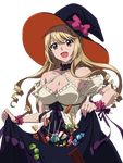  :d aiba_asagi black_hat bow breasts brown_eyes brown_hair choker cleavage dress earrings hat jewelry long_hair looking_at_viewer medium_breasts open_mouth pink_bow shiny shiny_skin skirt_basket skirt_hold smile solo standing strike_the_blood transparent_background witch_hat wrist_cuffs 