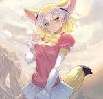  animal_ears blonde_hair bow bowtie breast_pocket breasts brown_eyes cloud cloudy_sky fennec_(kemono_friends) fox_ears fox_tail gradient_hair kazto_furuya kemono_friends looking_at_viewer medium_breasts multicolored_hair outdoors pleated_skirt pocket puffy_short_sleeves puffy_sleeves short_hair short_sleeve_sweater short_sleeves skirt sky smile solo sweater tail two-tone_hair white_skirt yellow_bow yellow_neckwear 