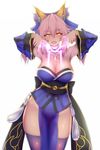  :d animal_ears blue_legwear blush bow breasts cleavage collarbone detached_sleeves fang fate/extra fate/extra_ccc fate/grand_order fate_(series) fox_ears fox_tail groin hair_bow hair_ribbon japanese_clothes large_breasts looking_at_viewer nikuku_(kazedesune) no_panties open_mouth pink_hair ribbon simple_background smile solo tail tamamo_(fate)_(all) tamamo_no_mae_(fate) white_background yellow_eyes 