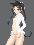  :p a9b_(louis814) absurdres alternate_costume animal_ears areolae bangs black_hair blouse blue_eyes breasts cat_ears covered_nipples cowboy_shot francesca_lucchini groin highres long_hair looking_at_viewer navel nipples no_bra open_blouse open_clothes open_shirt panties panty_pull parted_bangs see-through shirt simple_background small_breasts solo strike_witches striped striped_panties tongue tongue_out twintails underwear white_shirt world_witches_series 