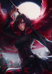  alexandra_mae banned_artist black_hair brown_hair cape chromatic_aberration cowboy_shot crescent_rose deviantart_username full_moon lips moon multicolored_hair outdoors patreon_username red_cape red_hair ruby_rose rwby short_hair signature solo two-tone_hair watermark weapon web_address 