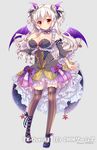  artist_name bat_wings black_footwear breasts brown_legwear cleavage copyright_name demon_girl demon_horns detached_sleeves fairu-la-lira frills full_body hand_on_breast hinata_momo horns large_breasts official_art red_eyes shoes solo standing thighhighs white_hair wings x-overd 