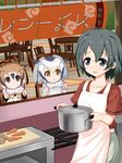  animal_print apron banner black_eyes black_hair brown_eyes brown_hair buttons carrot carrying chair commentary_request cooking cutting_board eurasian_eagle_owl_(kemono_friends) eyebrows_visible_through_hair food fork gradient_hair grey_hair head_wings highres japari_symbol kaban_(kemono_friends) kemono_friends multicolored_hair multiple_girls northern_white-faced_owl_(kemono_friends) pot potato red_shirt restaurant shirt short_sleeves spoon table translation_request u2_(5798239) white_hair 