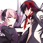  absurdres akemi_homura akuma_homura bare_shoulders black_hair elbow_gloves gloves highres holding_hands kaname_madoka kriemhild_gretchen long_hair mahou_shoujo_madoka_magica mahou_shoujo_madoka_magica_movie misteor multiple_girls navel purple_eyes side_slit sketch smile white_background yellow_eyes 