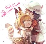  ;d animal_ears backpack bad_id bad_pixiv_id bag bare_shoulders black_hair blonde_hair blush bow bowtie brown_eyes brown_hair closed_eyes copyright_name cross-laced_clothes elbow_gloves english eyebrows_visible_through_hair fang gloves hat hat_feather helmet high-waist_skirt hug kaban_(kemono_friends) kemono_friends lucky_beast_(kemono_friends) multiple_girls one_eye_closed open_mouth pantyhose pantyhose_under_shorts pith_helmet red_shirt serval_(kemono_friends) serval_ears serval_print serval_tail shirt short_hair short_sleeves shorts skirt sleeveless sleeveless_shirt smile tail tearing_up thank_you tochibi wavy_hair 