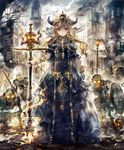  armor army artist_request blonde_hair bracelet city clock clock_tower collar cracked_floor crown cygames dress glowing glowing_eyes gold_trim horns house jewelry lamppost light_smile necropolis_queen official_art puffy_sleeves red_eyes shadowverse shield shingeki_no_bahamut skeleton skull staff sword tower tree weapon 