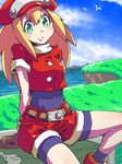  bike_shorts blonde_hair bodystocking breasts cabbie_hat gloves green_eyes hat long_hair looking_at_viewer medium_breasts moyamu red_shorts rockman rockman_dash roll_caskett shorts smile solo 