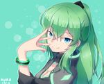  aqua_eyes arm_up bangs black_jacket bracelet closed_mouth collarbone dated destiny_(game) english eyebrows_visible_through_hair from_side green_background green_hair hair_between_eyes hair_ornament hand_on_own_face high_collar jacket jewelry kuroda_kuwa long_hair long_sleeves looking_at_viewer looking_to_the_side neon_trim original ponytail shiny shiny_hair signature smile solo upper_body warlock_(destiny) 