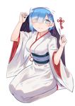  adjusting_clothes alternate_costume blue_eyes blue_hair breasts bride commentary crying crying_with_eyes_open eyes_visible_through_hair hair_ornament hair_over_one_eye highres hood japanese_clothes kimono light_smile looking_at_viewer medium_breasts obi re:zero_kara_hajimeru_isekai_seikatsu rem_(re:zero) revision ryuuno6 sash seiza short_hair sitting smile solo star star-shaped_pupils symbol-shaped_pupils tears uchikake white_legwear wide_sleeves x_hair_ornament 