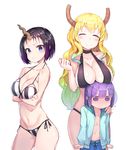  2girls ^_^ bikini black_bikini black_hair blonde_hair blue_eyes breast_rest breasts breasts_on_head cleavage closed_eyes crossed_arms elma_(maidragon) highres horn horns kobayashi-san_chi_no_maidragon large_breasts long_hair magatsuchi_shouta multiple_girls newey purple_eyes quetzalcoatl_(maidragon) side-tie_bikini simple_background sling_bikini_top smile striped striped_bikini swimsuit vertical-striped_bikini vertical_stripes white_background 