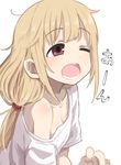  bare_shoulders blonde_hair breasts cleavage futaba_anzu gazacy_(dai) highres idolmaster idolmaster_cinderella_girls long_hair off_shoulder one_eye_closed open_mouth red_eyes shirt simple_background small_breasts solo t-shirt white_background yawning 