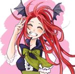  :d ^_^ alternate_costume arm_at_side bat_wings blush bow closed_eyes collared_dress demon_girl dress floating_hair frilled_sleeves frills grin hand_up happy head_tilt head_wings high_collar koakuma long_hair open_mouth pontaqwe puffy_short_sleeves puffy_sleeves red_hair short_sleeves smile solo touhou upper_body v wind wings 