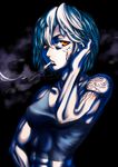  abs absurdres adjusting_hair bad_id bad_pixiv_id black_background cigarette crop_top facial_tattoo gilgil highres looking_at_viewer oil_painting_(medium) orange_hair original short_hair shoulder_tattoo smoke smoking solo tattoo traditional_media watercolor_(medium) white_hair 