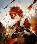  alexander_(fate/grand_order) army braid cape fate/grand_order fate_(series) flag fur_trim long_hair looking_at_viewer male_focus midriff navel red_eyes red_hair xiling 