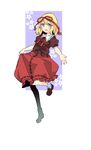  :d blonde_hair blue_eyes blush bobby_socks brown_shirt full_body hair_ribbon haya_taro_pochi leg_up loafers looking_at_viewer medicine_melancholy neck_ribbon open_mouth puffy_short_sleeves puffy_sleeves pulled_by_self red_ribbon red_skirt ribbon shirt shoes short_hair short_sleeves skirt skirt_pull smile socks solo touhou white_legwear 