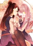  blush brown_hair closed_eyes dress face-to-face flower hair_flower hair_ornament hair_over_one_eye holding_hands interlocked_fingers kagari_atsuko leila_(yurisouls) little_witch_academia long_hair long_sleeves multiple_girls one_side_up pale_skin pantyhose purple_hair rose school_uniform smile sparkle sucy_manbavaran yuri 