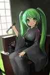  bangs black_kimono chopsticks clothes_writing day green_eyes green_hair hatsune_miku highres hiro1984 holding holding_chopsticks indoors japanese_clothes kimono long_hair looking_at_viewer parted_lips scrunchie sketch smile solo twintails very_long_hair vocaloid window 