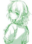  blouse green looking_back mizuhashi_parsee monochrome nooca pointy_ears short_hair simple_background sketch smile solo touhou upper_body white_background 