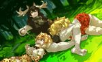  animal_ears antlers black_hair blonde_hair bow bowtie commentary_request elbow_gloves feet forest fur_collar gloves hair_between_eyes highres jaguar_(kemono_friends) jaguar_ears kemono_friends lap_pillow lion_(kemono_friends) lion_ears long_hair long_sleeves moose_(kemono_friends) moose_ears multicolored_hair multiple_girls nature open_mouth pantyhose pleated_skirt scarf shirt short_hair short_sleeves skirt sleeping tail thighhighs wokue 