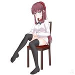  absurdres adjusting_clothes adjusting_legwear black_legwear blue_eyes blush brown_hair chair full_body hair_ornament hair_ribbon highres long_hair looking_at_viewer new_game! open_mouth panties ribbon sainohikari sitting solo takimoto_hifumi thighhighs underwear white_background white_panties 