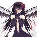  absurdres akemi_homura akuma_homura bangs bare_shoulders black_hair breasts cleavage elbow_gloves gloves hair_ribbon highres long_hair looking_at_viewer mahou_shoujo_madoka_magica mahou_shoujo_madoka_magica_movie medium_breasts misteor navel purple_eyes ribbon sketch smile white_background yandere_trance 