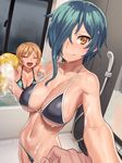  ageha_(sengoku_collection) bangs bare_shoulders bath bathing bathroom bathtub bikini black_bikini blonde_hair breasts brown_hair cleavage closed_mouth collarbone cowboy_shot embarrassed green_hair groin hair_between_eyes hair_over_one_eye indoors large_breasts legs_together midriff multiple_girls navel open_mouth pov sengoku_collection short_hair smile sponge string_bikini sugitani_zenjubou_(sengoku_collection) swimsuit tenchisouha water wet yellow_eyes 