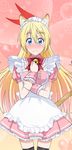  animal_ears apron bell black_legwear blonde_hair blue_eyes blush bow bowtie cat_tail cowboy_shot dress eyebrows_visible_through_hair fake_animal_ears hair_between_eyes hair_ribbon kirisaki_chitoge long_hair looking_at_viewer maid_headdress nisekoi pink_dress red_bow red_neckwear red_ribbon ribbon short_dress short_sleeves solo standing tail thighhighs very_long_hair white_apron wrist_cuffs 