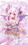  anniversary arm_at_side bat_wings breasts cleavage copyright_name demon_girl demon_horns detached_sleeves fairu-la-lira frills hinata_momo horns large_breasts looking_at_viewer open_mouth pointing red_eyes sketch solo striped striped_legwear thighhighs white_hair wings x-overd 