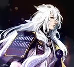  armor artist_name bangs bare_chest blurry bokeh closed_mouth commentary_request depth_of_field hair_between_eyes hair_flaps hair_over_shoulder igote japanese_armor japanese_clothes kogitsunemaru lips long_hair low-tied_long_hair male_focus parted_bangs pom_pom_(clothes) sfdin_yoshi shoulder_armor signature sode solo tassel toned toned_male touken_ranbu upper_body very_long_hair white_hair 