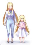  age_switch bangs blonde_hair blunt_bangs braid character_doll clefable closed_eyes dress french_braid gem gen_1_pokemon green_eyes hair_over_shoulder highres holding_hands iku_(ikuchan_kaoru) lillie_(pokemon) long_hair looking_at_viewer lusamine_(pokemon) md5_mismatch mother_and_daughter multiple_girls older pokemon pokemon_(creature) pokemon_(game) pokemon_sm role_reversal sandals smile very_long_hair white_background white_dress younger 