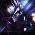  alexandra_mae banned_artist black_gloves blue_scarf gloves green_eyes male_focus mask ninja ninja_gaiden ryu_hayabusa scarf solo upper_body vignetting watermark web_address 