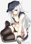  absurdres anchor_symbol artist_name ass_visible_through_thighs bikini black_bikini black_legwear blue_eyes full_body goma0616 grey_background hair_between_eyes hat hibiki_(kantai_collection) highres jacket kantai_collection long_hair long_sleeves navel no_shoes open_clothes open_mouth silver_hair simple_background sitting solo swimsuit thighhighs twitter_username yokozuwari 