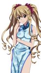  aiba_asagi armlet blue_dress brown_eyes brown_hair china_dress chinese_clothes cowboy_shot dress earrings hair_ornament hair_scrunchie jewelry long_hair looking_at_viewer scrunchie smile solo standing strike_the_blood transparent_background twintails very_long_hair 