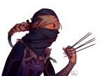  between_fingers blonde_hair braid dark_skin hat holding_needle knife long_hair luisa_rafidi needle pointy_ears red_eyes sheik single_braid solo the_legend_of_zelda the_legend_of_zelda:_twilight_princess throwing_needles white_background 