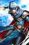  armor blue_eyes blue_hair cape falchion_(fire_emblem) fingerless_gloves fire_emblem fire_emblem:_monshou_no_nazo gloves longai looking_at_viewer male_focus marth solo sword tiara weapon 