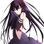  akemi_homura akuma_homura bangs bare_shoulders black_hair cowboy_shot elbow_gloves gloves hair_between_eyes hair_ribbon highres long_hair looking_at_viewer mahou_shoujo_madoka_magica mahou_shoujo_madoka_magica_movie misteor purple_eyes red_ribbon ribbon smile white_background 