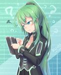  ? aqua_eyes artist_name background_text bangs black_jacket black_skirt breasts choker cleavage closed_mouth coat collar collarbone dated destiny_(game) english eyebrows_visible_through_hair furrowed_eyebrows green_background green_choker green_hair hair_between_eyes hands_up high_collar high_ponytail holding jacket jewelry kuroda_kuwa long_hair long_sleeves looking_down medium_breasts neon_trim original reading shiny shiny_hair signature skirt sleeve_cuffs solo squiggle standing sweat sweatdrop tablet upper_body warlock_(destiny) 