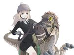  blonde_hair blue_eyes colorized dinosaur dinosaur_riding equestrian gloves hat highres jockey necktie original reins revision riding saddle skirt sukabu 