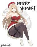  1girl ass bangs bare_shoulders blonde_hair blush breasts christmas cleavage cleavage_cutout dress earrings gem hat headpiece highres hikari_(xenoblade_2) j@ck jewelry large_breasts long_hair looking_at_viewer nintendo panties pantyhose solo super_smash_bros. super_smash_bros._ultimate swept_bangs tiara underwear white_background xenoblade_(series) xenoblade_2 yellow_eyes 